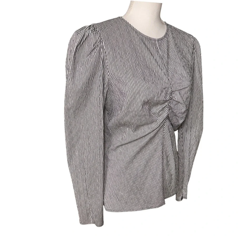 Zara Striped Ruched Puff Sleeve Blouse Black White Large Steampunk Victorian NWT